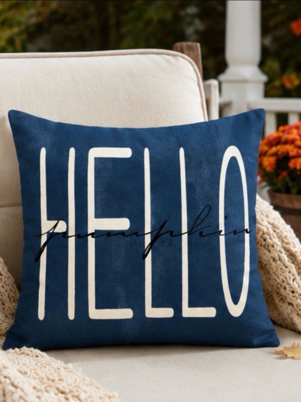Cream/off-white with navy "HELLO pumpkin” Pillow COVER fall AUTUMN square 18x18